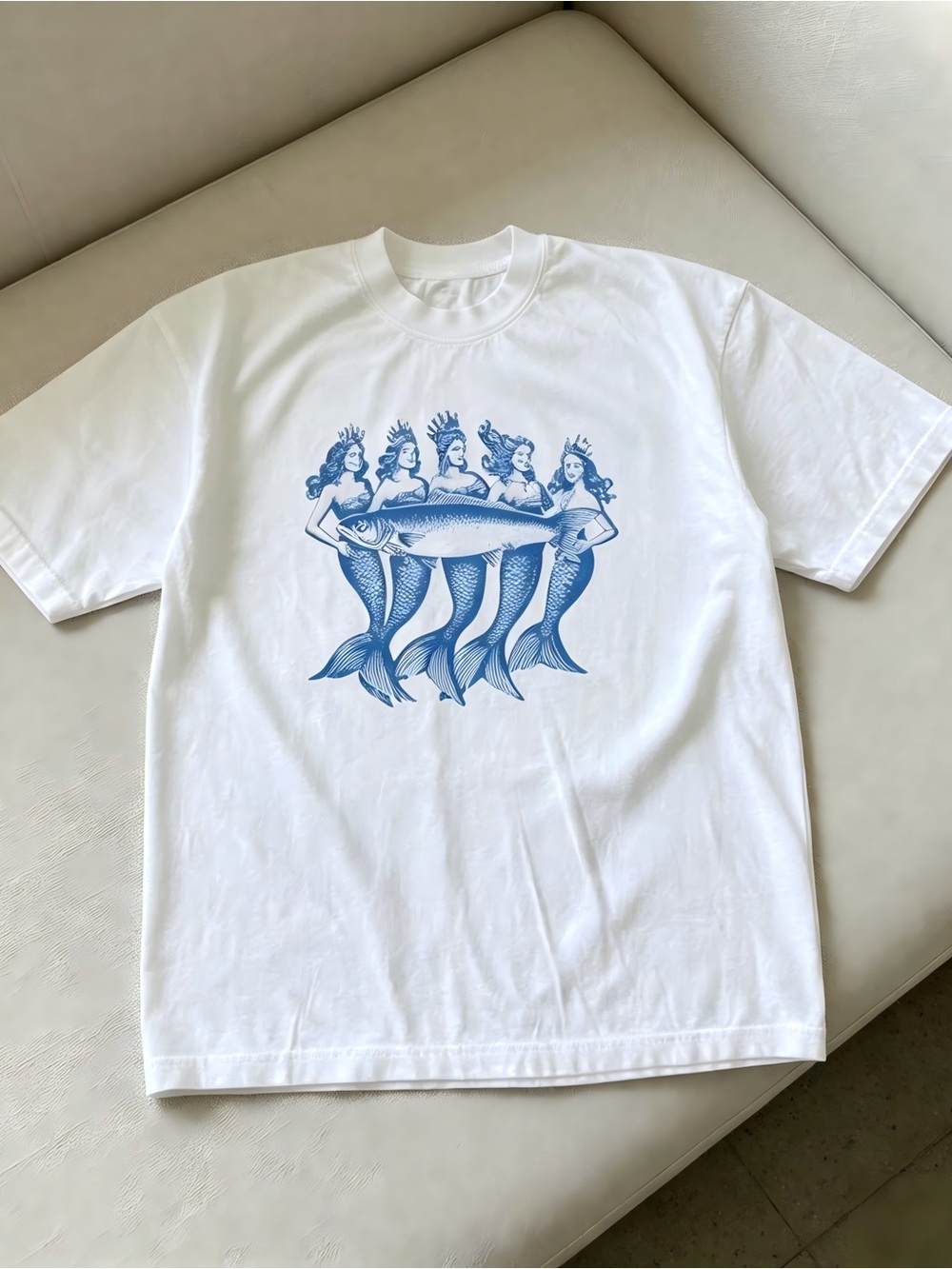 Mermaids Holding Big Five Fish Blue White Graphic Women Men T-shirt Unisex